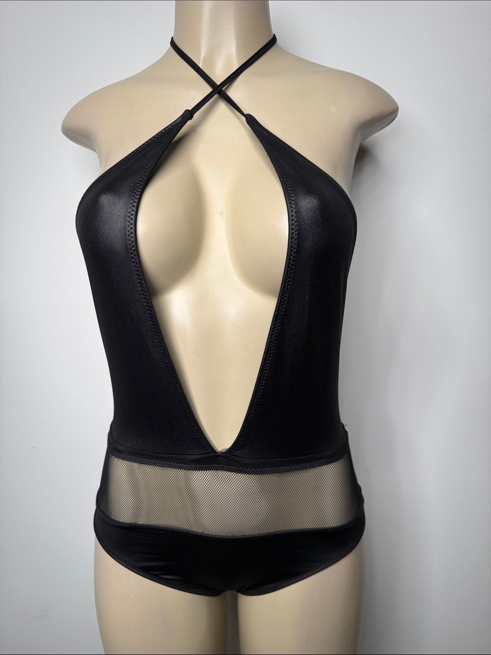 Signature8 Black Deep-V Mesh-Panel Halter Bodysuit